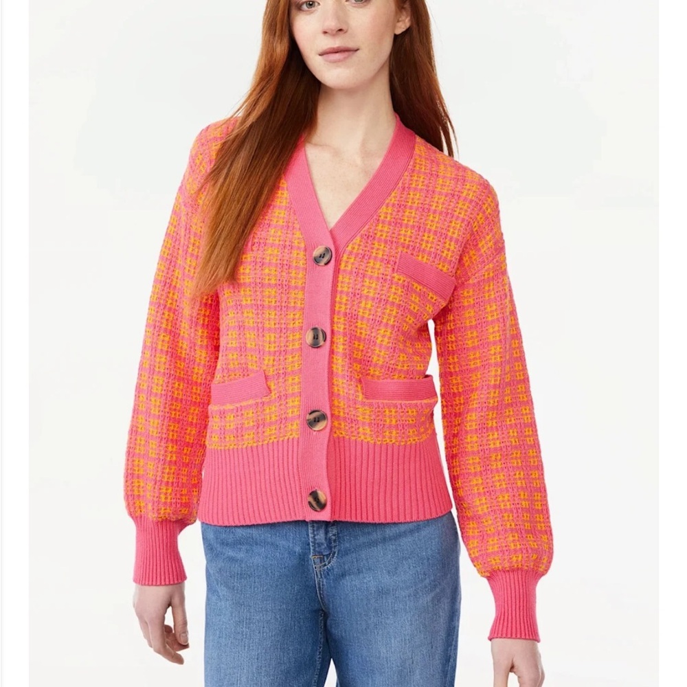 Free Assembly Tweed Pink‎ and Orange Knit Button-Front Cardigan Sweater